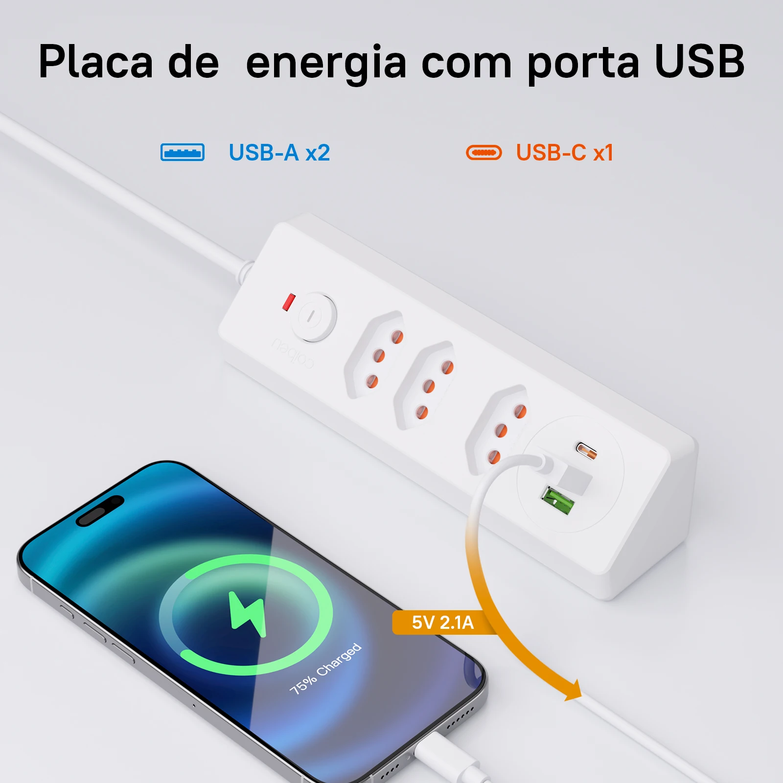 Tomada de energia multifuncional, Extensao elétrica, Regua extensão tomada, tomada 3 pinos16/20A, 2USB+Type-C5V2.1A, Segurança