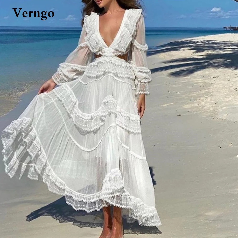 

Verngo Bobo Beach Wedding Dresses Lace Long Sleeves V Neck Layered A Line Fairy Bride Gowns Ankle Length Women Formal Dress