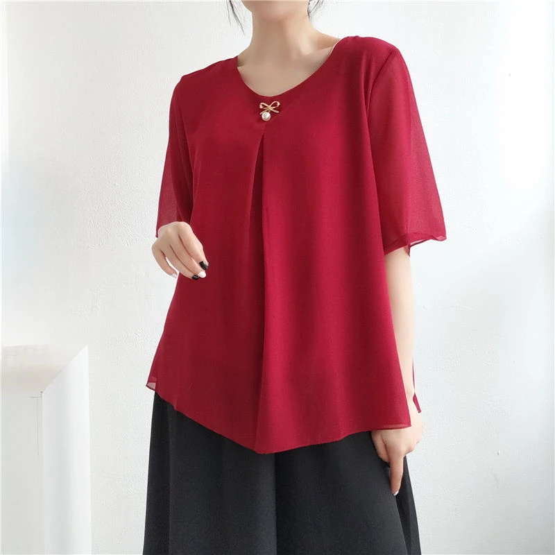 2025 New Summer Short Sleeve Loose Solid Shirts Tops Blusa De Talla Grande Obesity Women Chiffon Blouses Plus Size 6XL