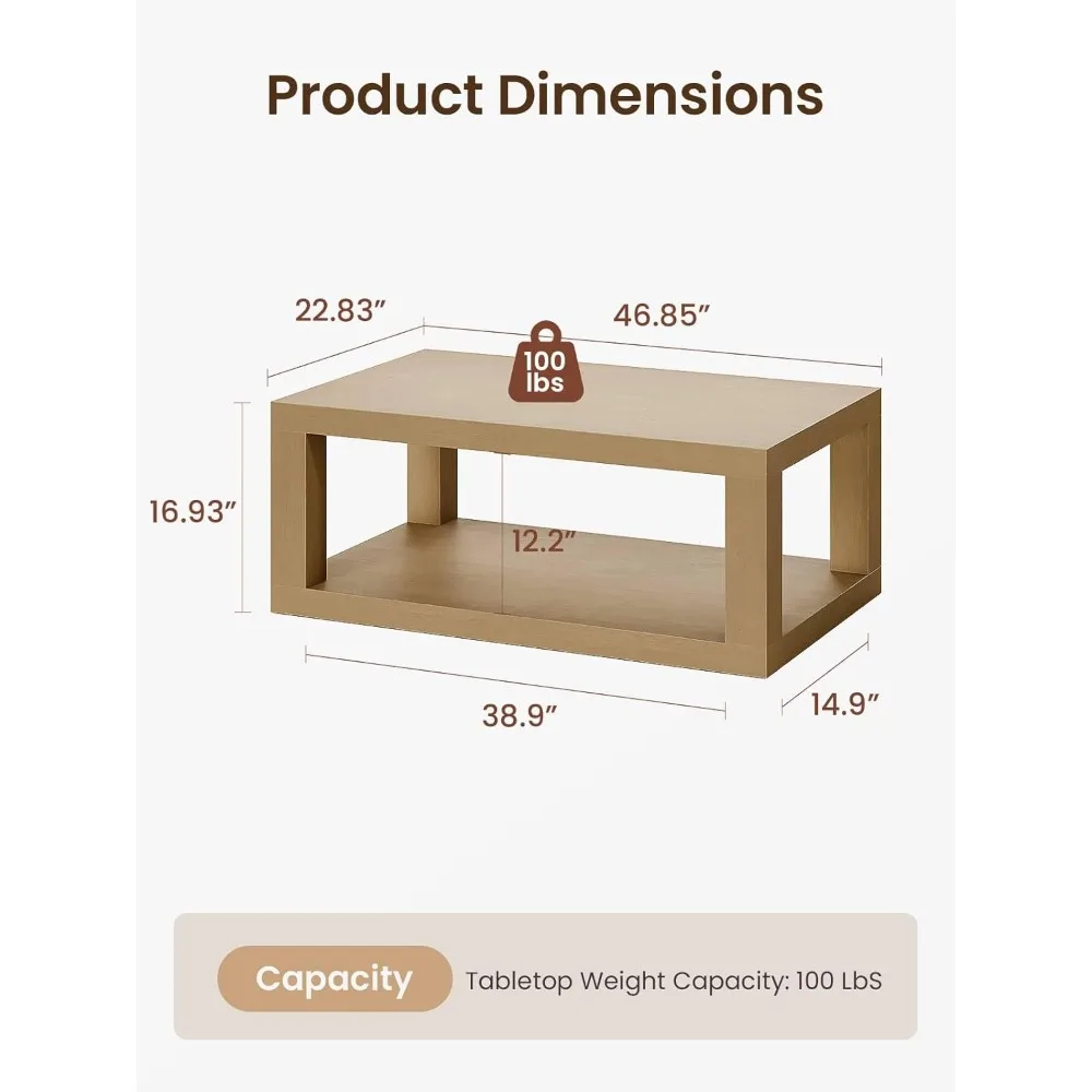 Coffee Table, 47" Rectangle Coffee Table with 2-Tier Storage Space, Large Farmhouse Center Table Space, Customized