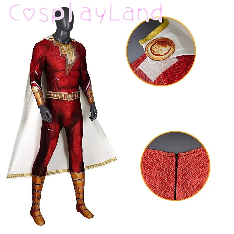 Fúria dos Deuses Cosplay Capitão Roupa Billy Batson Impressão Traje Adulto Macacão de Super-herói com Capa Carnaval de Halloween