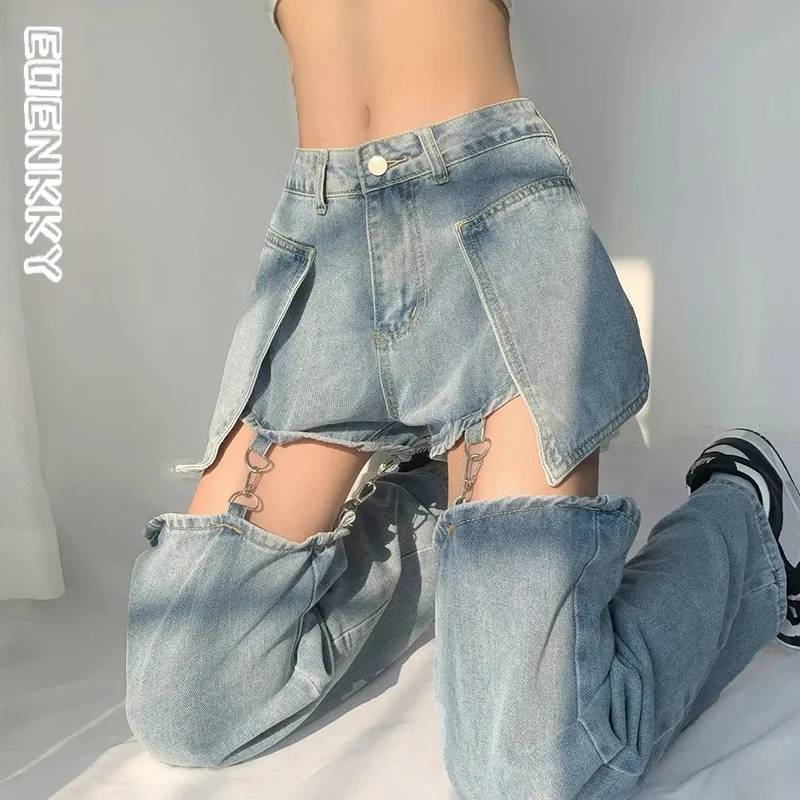 Removable Jeans Women American High Waist Slim Hot Girl Baggy Straight Pants High Street Vintage Wide Leg Denim Trousers Summer