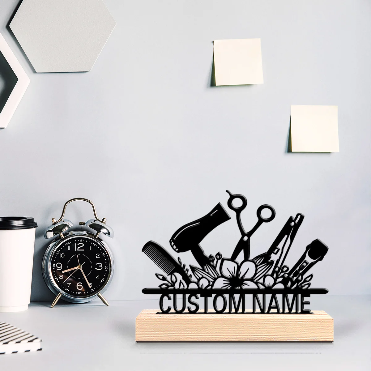1 pieza de estatua metálica personalizada de peluquería Terror, arte de escritorio inspirado en el océano con base de madera, ideal para casas de playa, estilo Zen