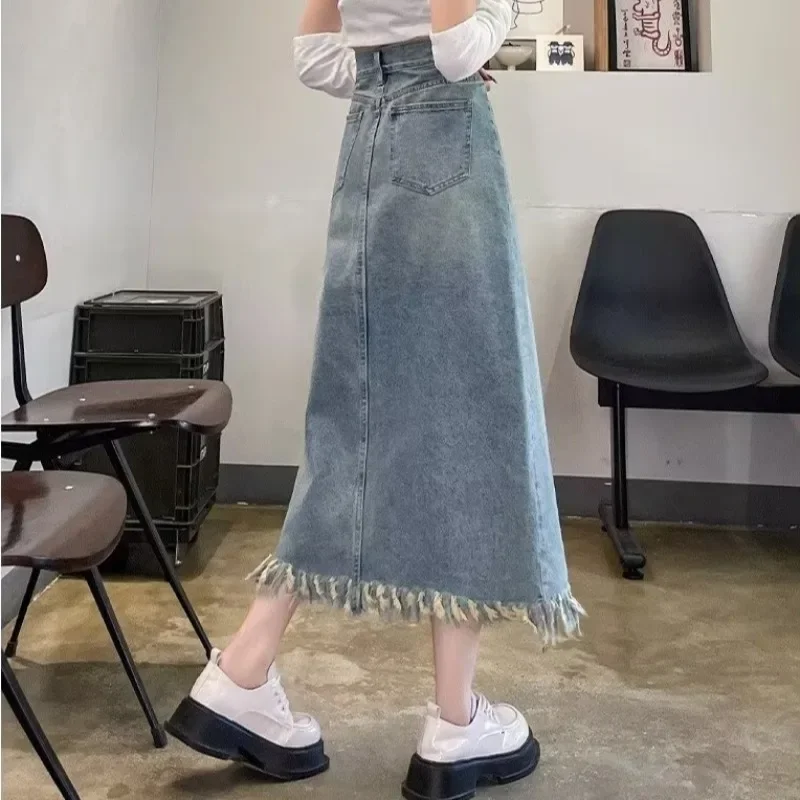 Saias femininas cintura alta fenda borla design a linha zíper bolso midi denim ulzzang na moda all-match temperamento lazer verão