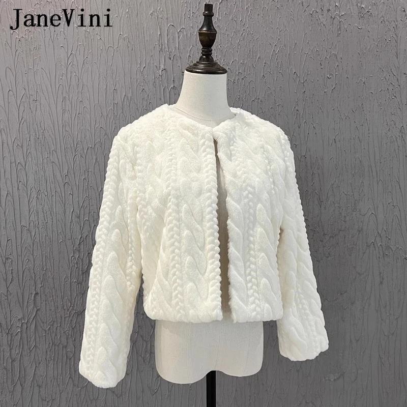 JaneVini New Winter Faux Fur Shawl Bolero Women Wedding Jacket Long Sleeves Coat Bridal Bride Cape Wraps Cardigan Bolero De Boda