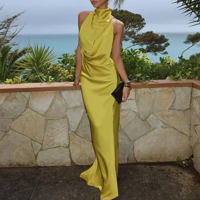 2025 sexy halter oco para fora vestido de cetim elegante sem costas fino ajuste vestido de noite moda feminina altura cintura sem mangas vestido longo
