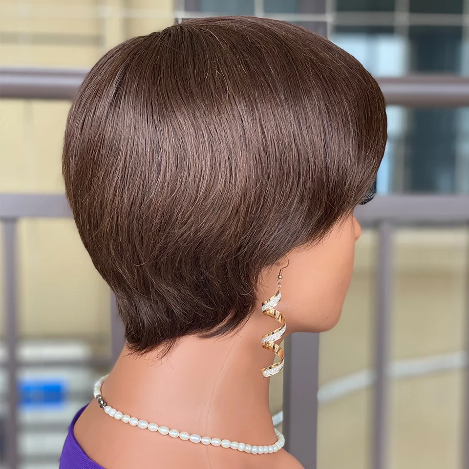 Color Brown Short Pixie Cut Wig Straight Human Hair Wigs With Bangs Brazilian Remy Hair Full Mahine Made Wigs Density 150%