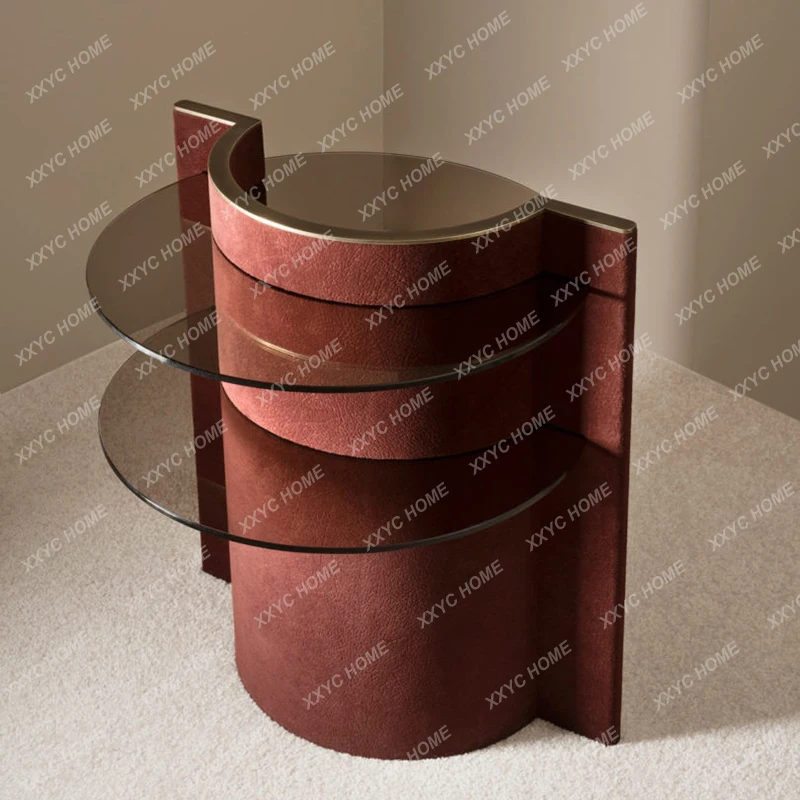 AA Light luxury sofa side few living room minimalist brown glass round small coffee table