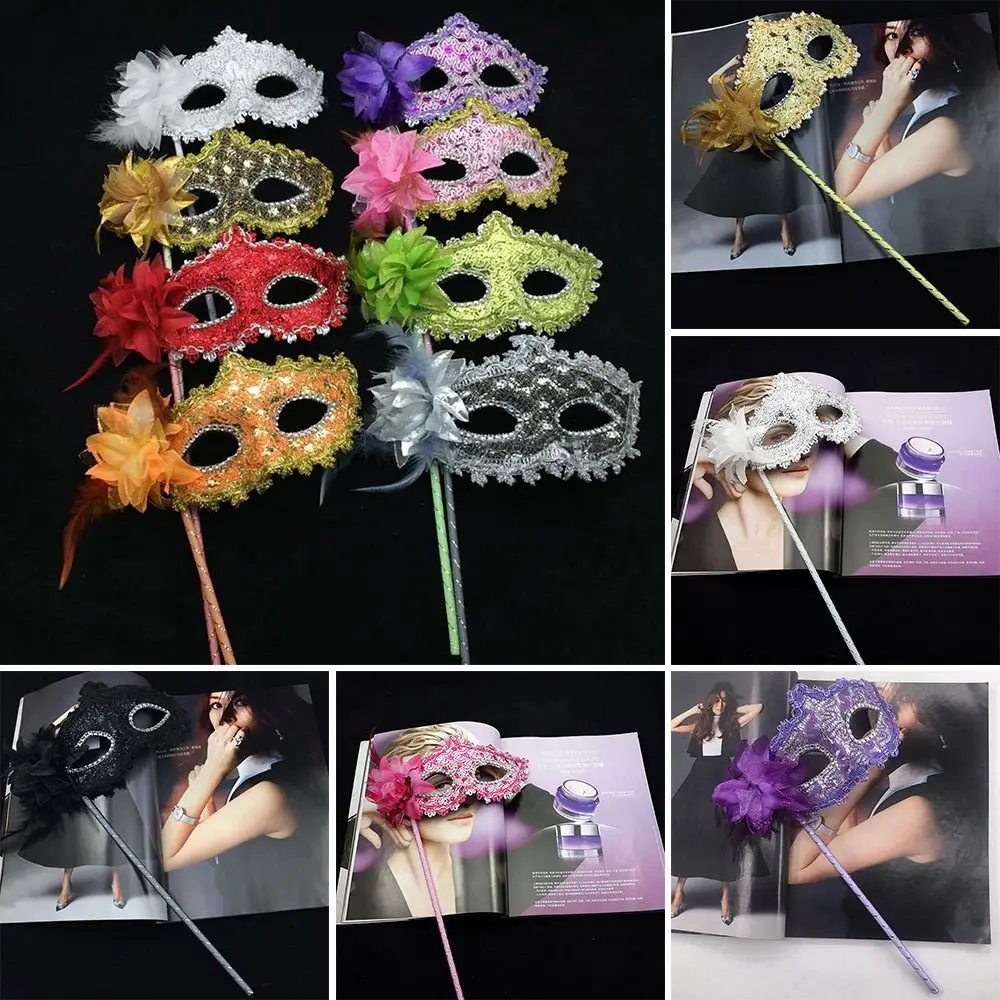 Venetian Party Handheld Masquerade Masks Stick Side Flower Carnival Party Translucent Half Face Mask Festival Costume Party