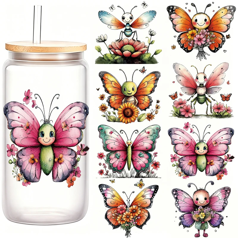 8pcs Cute Colorful Butterfly Floral Fairy Crystal Transfer Stickers UV DTF Decals Transfer Paper Suitable for Cups Decorations