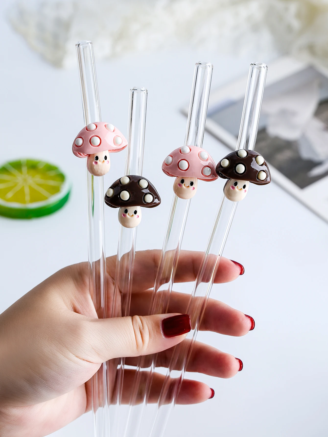 1/3PCS Double Color Mushroom Bent Glass Straw, Natural Inspi