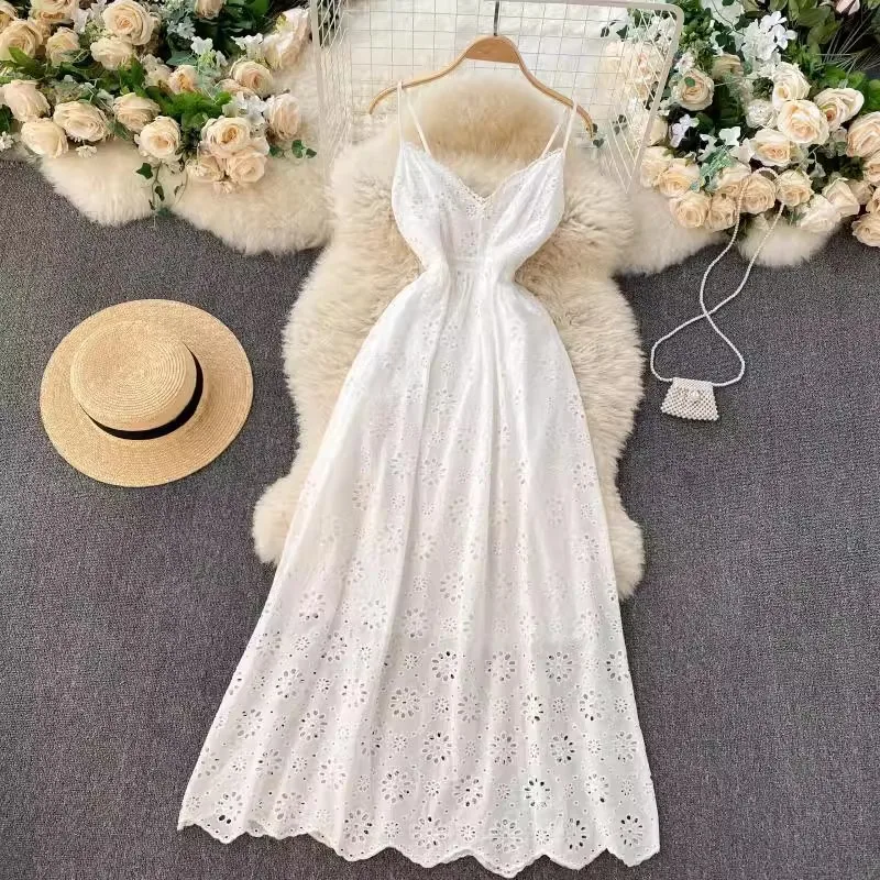 

2025 Summer Sexy V-neck Backless Suspender Dress Bohemian Hollow Flower Embroidered Dress Holiday Style Long Beach Dress
