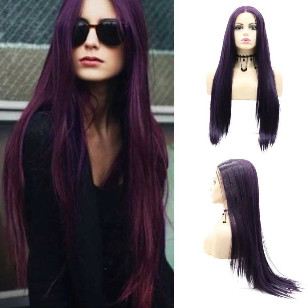 Sylvia Dark Purple 24inches Synthetic Lace Front Wigs Natural Hairline Long Straight Wig For Women Cosplay High Temperature