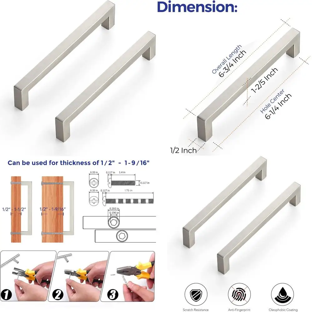 

Ручки шкафа из матового никеля из нержавеющей стали, квадратные ручки 6-1/4 дюйма, фурнитура для кухонных ящиков, современная фурнитура для шкафов