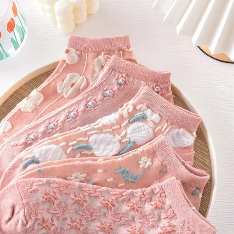 5 Pairs of Kawaii Cute Flower 3D Textured Ankle Socks - Vintage Style Thin Low Cut Hosiery for Womenity Pink Boat Socks Female