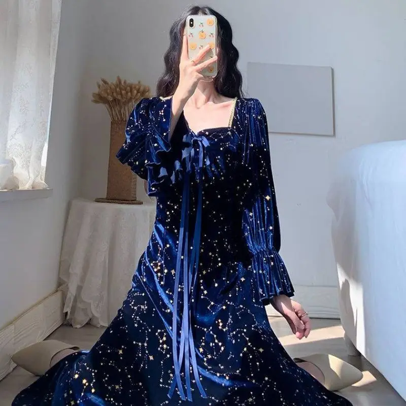 

Stylish Sequined Dresses Elegant Square Collar Female Clothing A-Line Spring Autumn Drawstring French Style Velvet Midi Dress