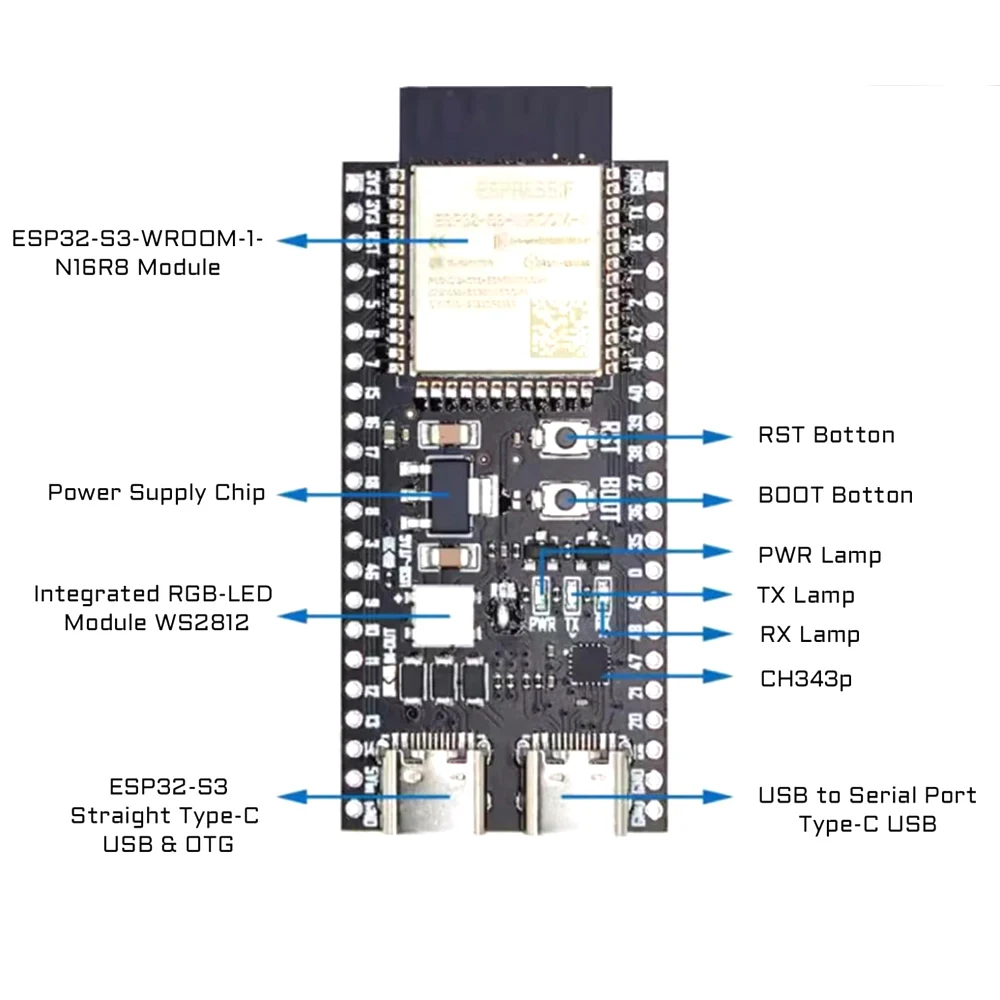 5Pcs  ESP32-S3 Development Board WiFi BT 16MB Flash 8M PSRAM 44Pin Type-C for Arduino IDE Compatible ESP32-S3-WROOM1 N16R8 N8R2