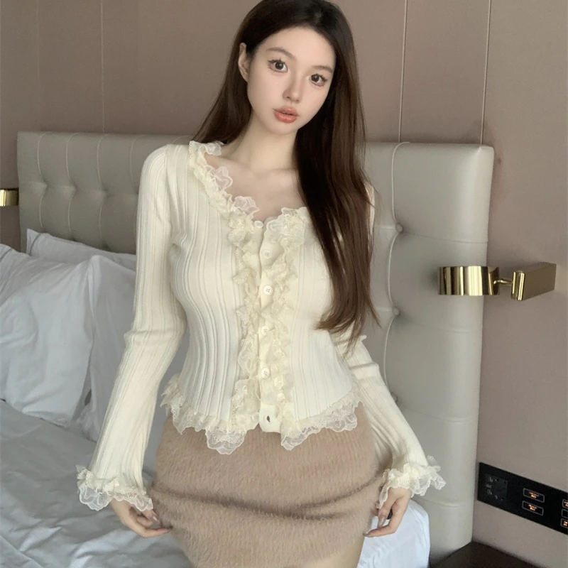 Vintage Lace Patchwork Sweaters Women Casual Pullovers Korean Fashion Y2k Clothes Long Sleeve Ladies Knitted Crop Tops Jumper