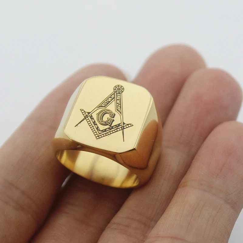 Heavy Men's Freemason Gold Color High Polished Signet Solid 316L Stainless Steel Masonic Ring