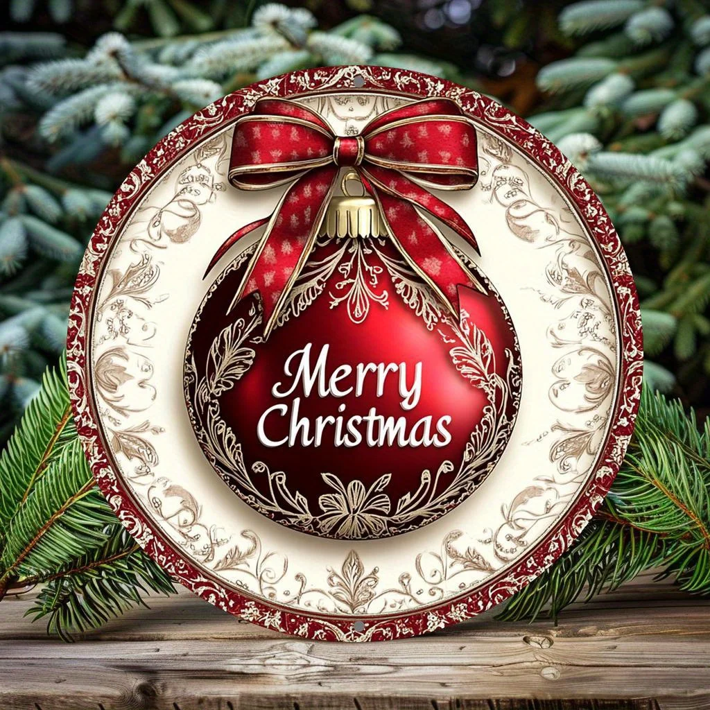 Rundes Aluminiumschild „Merry Christmas“ – 2D-Flachdruck, dekorative Wandkunst, wetterbeständiger HD-Druck, Vintage-Metallschild mit