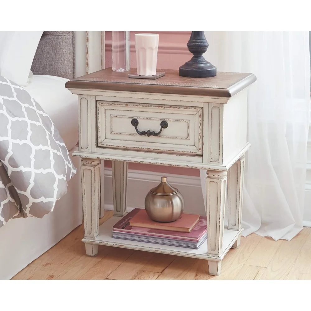 Traditional Cottage 1 Drawer Nightstand with Dovetail Construction & Open Display Shelf, Chipped White, Distressed Brown