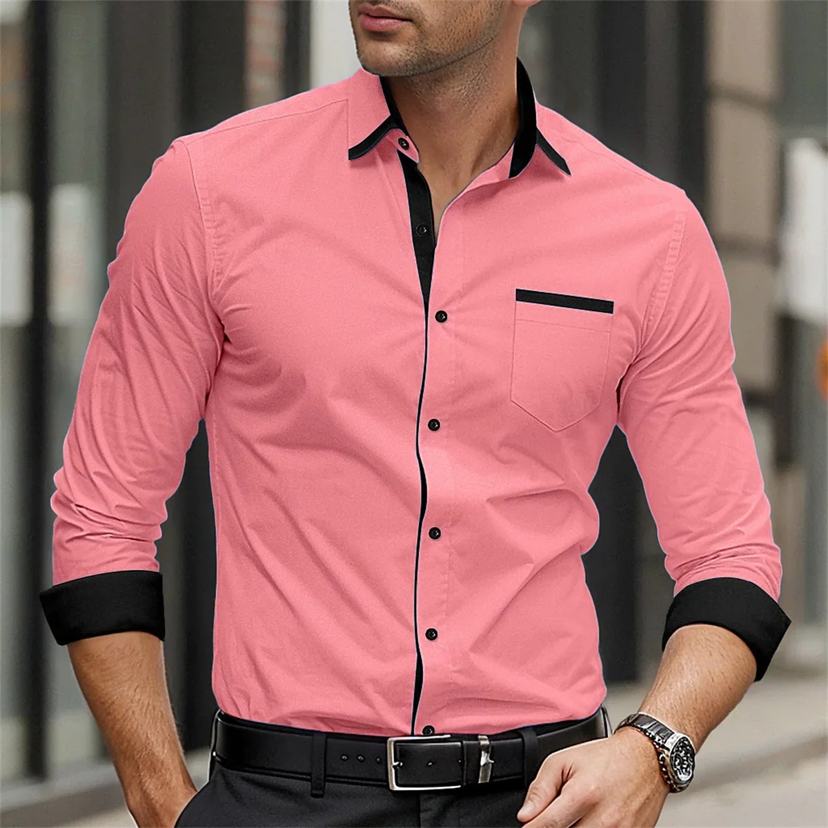 Men\'s solid color formal business shirt casual breathable long sleeved shirt button up collar fashionable street men\'s top