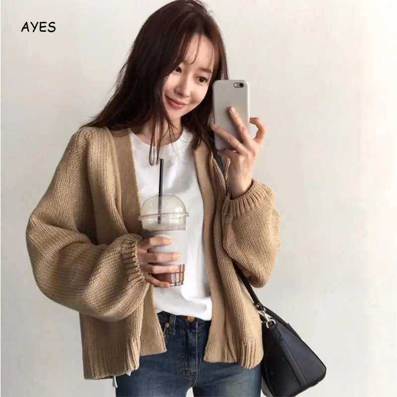 Korean Navy Blue Knit  Women Sweater Short Cardigans Autumn Winter New Casual Knitwears Cardigan Long Sleeve Loose Soft Sweater