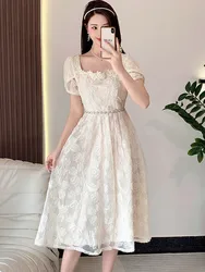 SMTHMA New French Elegant Embroidery Short-Sleeved Summer Dress Women Fashion Luxury Diamond Beads Hollow Floral Dress Vestidos