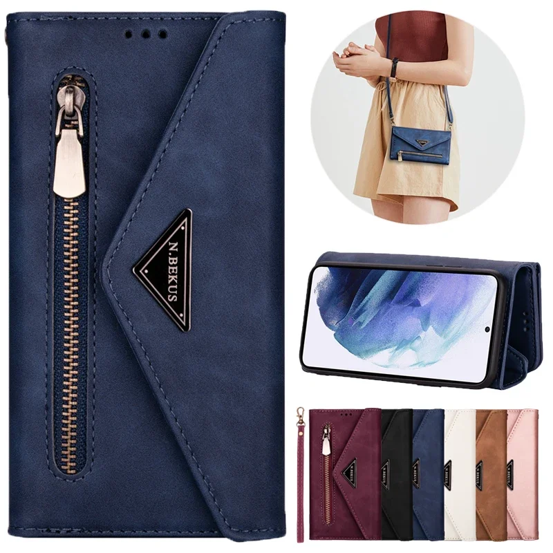 

Wallet Multifunctional Leather Case With Shoulder Strap For Samsung Galaxy S23 S22 Ultra S21 Plus S20 FE S10E S9 S8 Note 20 10