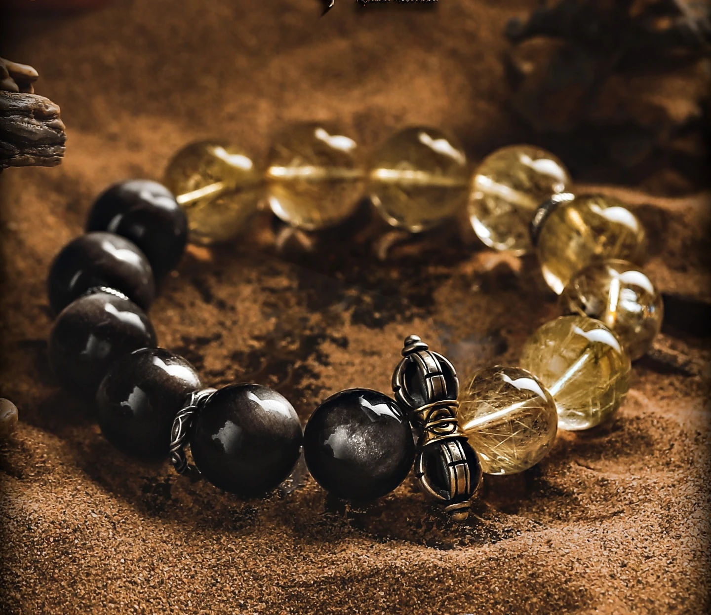 [Linyuan] Retro Silver Obsidian Bracelet Men's High-end Golden Hair Crystal Bracelet.