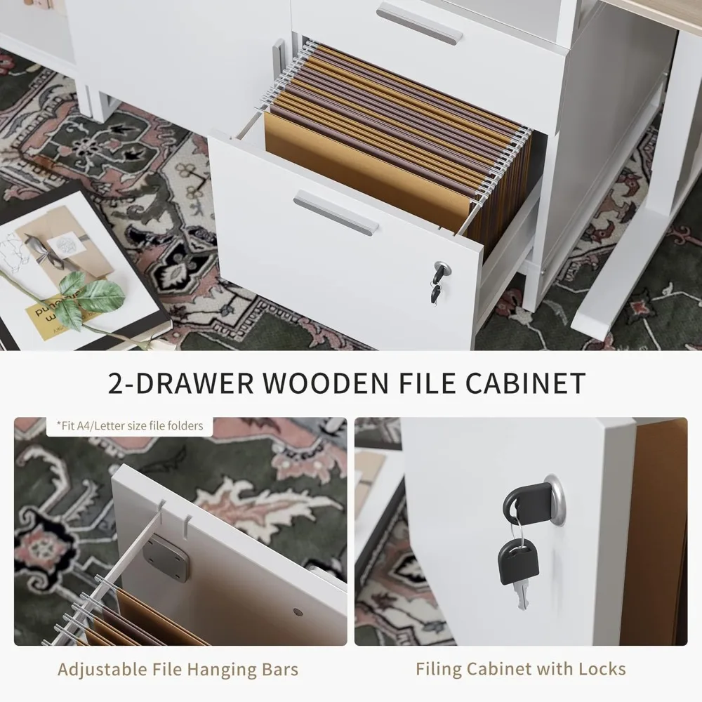 مكتب قائم على شكل حرف L مقاس 66 بوصة مع أدراج وأرفف، مكتب تنفيذي بارتفاع قابل للتعديل، جزء علوي من خشب الجوز الخفيف/أبيض Fr