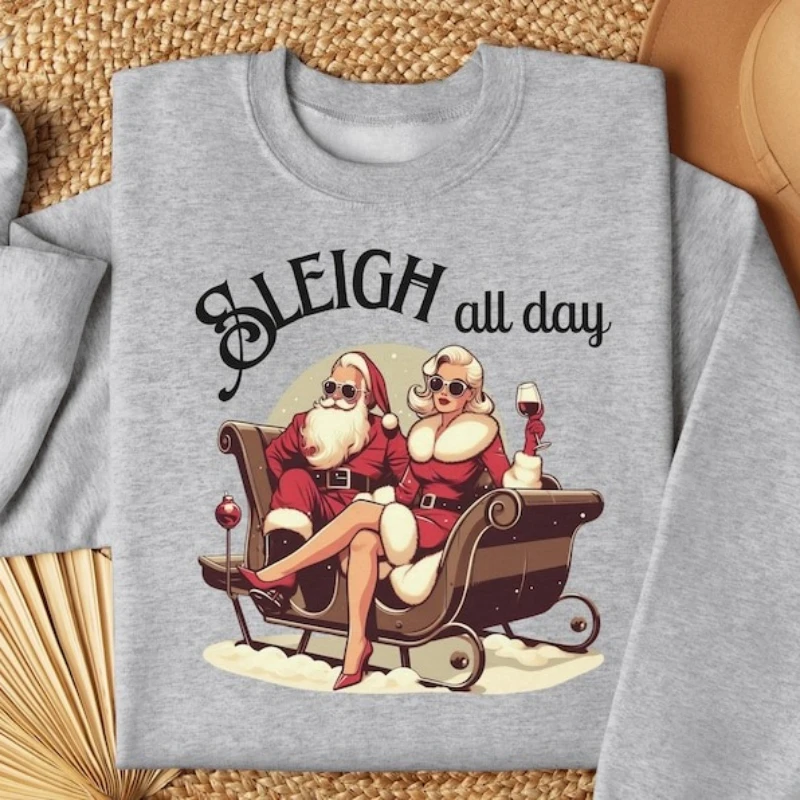 Sweter Retro z Nadrukiem Sanki na Cały Dzień, Świąteczny Sweter w Stylu Vintage, Damski Strój na Imprezę, Prezent dla Niej, Uroczy Nadruk Sanki, Miękki i Wygodny