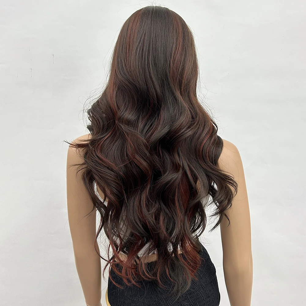 76,2 cm lange gewellte lockige Perücke mit braunem rotem Farbverlauf und Schmetterlingshaar und Pony, synthetische Damenperücke für Halloween-Party