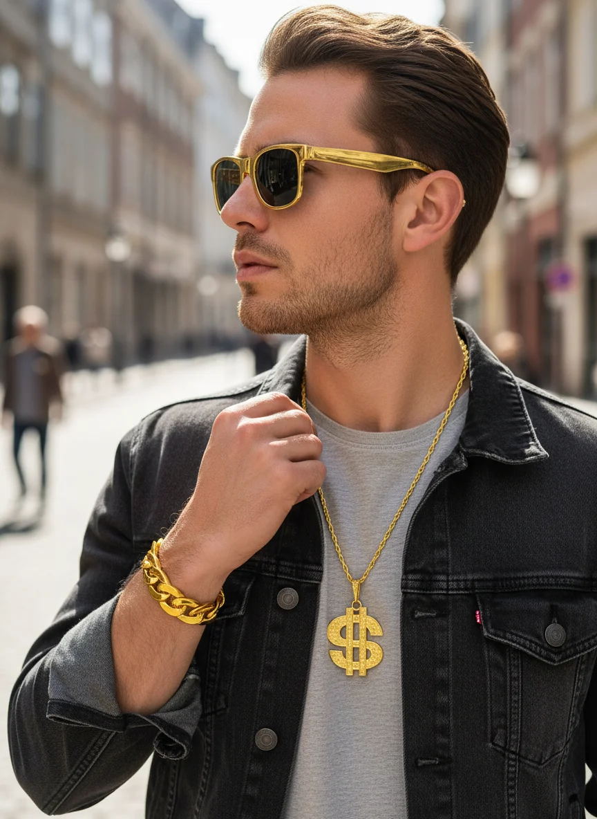 3Pcs Hip Hop Costume Jewelry Set - Gold Dollar Sign Pendant Necklace, Chunky Cuban Link Bracelet & Square Sunglasses 80s 90s Rap