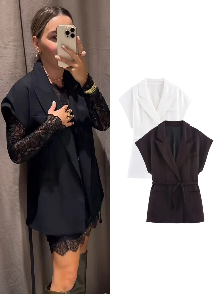 

Women's Elegant Sleevless Vests Solid Color V Neck Casual Fashion Waistcoats With Belt Streetwear 2025 Autumn Leisure Vests