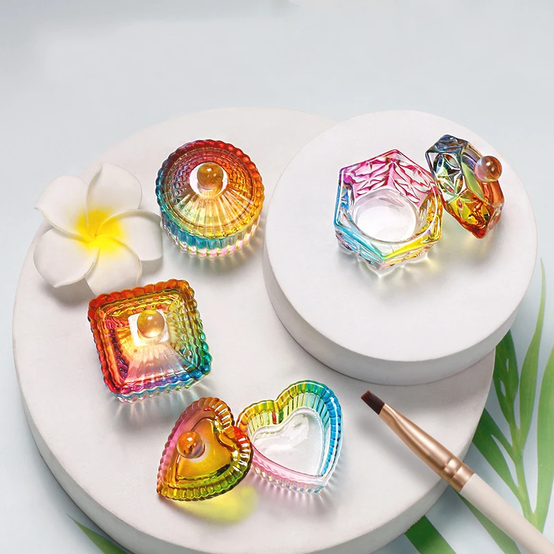 Taza de cristal de colores con tapa, polvo acrílico para decoración de uñas, vaso de cristal líquido, plato, herramientas de manicura, 1 Uds.