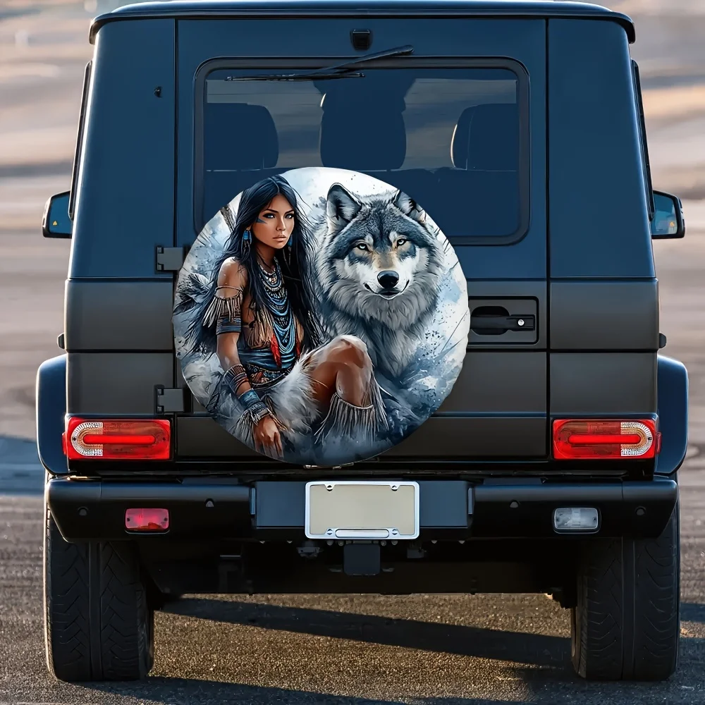 A Single Outdoor Tire Cover Featuring A Wolf Design, Made Of Multifunctional Polyester, Intended For Use In Parking Lots During