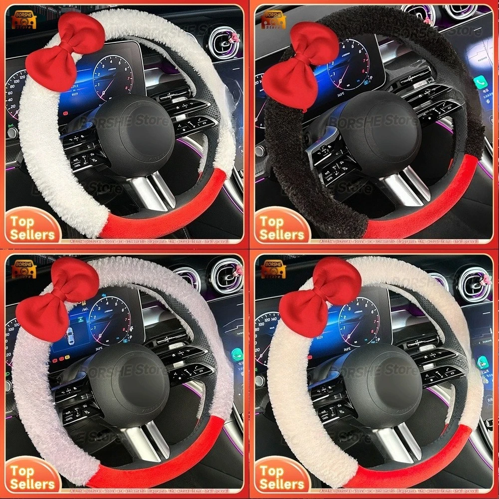 

2026 Suitable for Universal Car Models Soft Plush Steering Wheel Cover with Cute Bow Design Warm Winter Knit Auto Accessory for