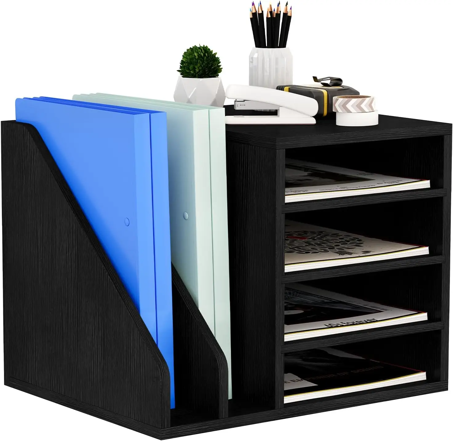 

Деревянный настольный органайзер с регулируемыми отделениями, черный держатель для файлов для дома, офиса, школы