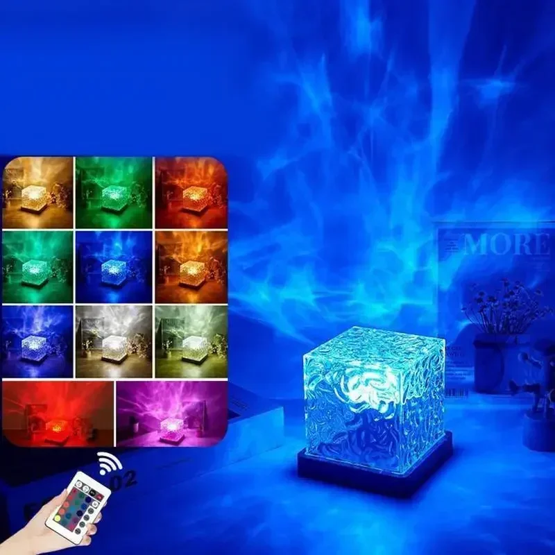 16 Colors Dynamic Rotating Water Ripple Projector Night Light Flame Crystal Lamp for Living Room Bedroom Bedside Decor Gift