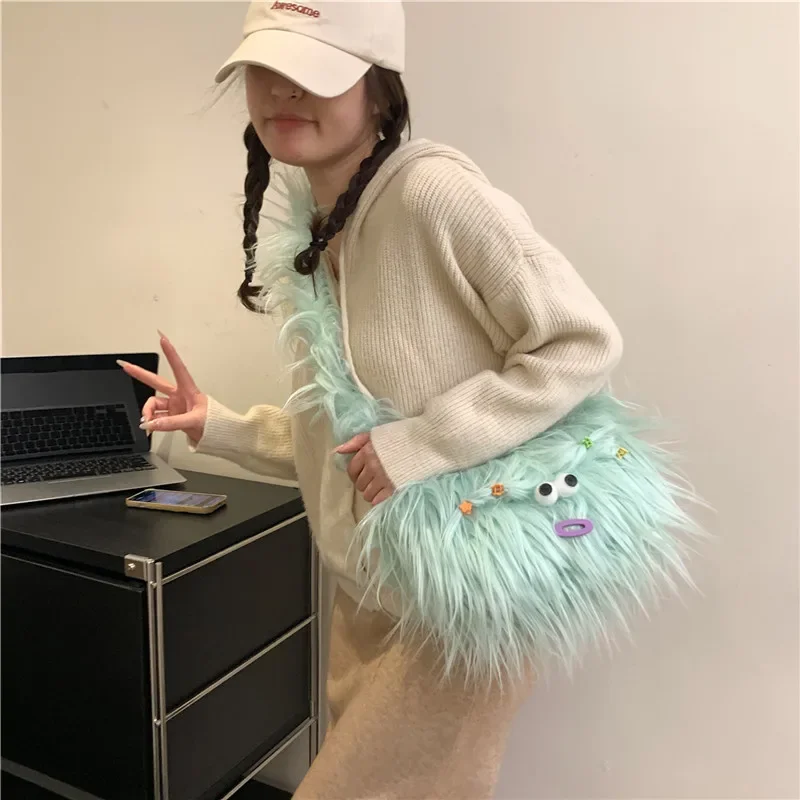 Personalized Monster Handmade DIY Wool Bag Material Wool Woven Bag Dopamine Cute Plush Long Hair Oblique Span Bag