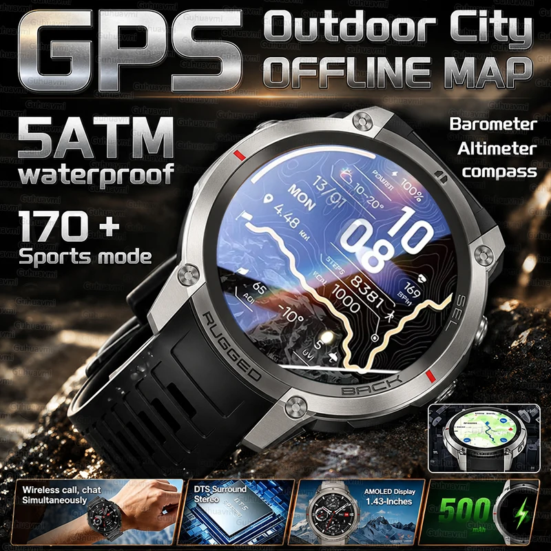 Newly Upgrade Offline Map Smart Watch GPS Outdoor Navigation 5ATM Swim Compass Bluetooth Call 1.43