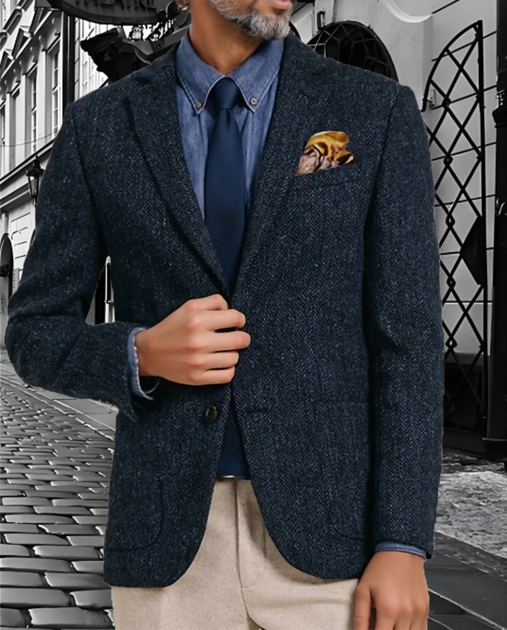 

Men's Tweed Blazer Herringbone Wool Tweed Single Breasted Jacket Formal Bussiness Jacket for Wedding（Only Coats)