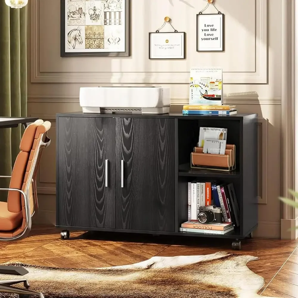 Black Office Storage Cabinet with Doors and Shelves, Lateral Printer Stand, and File Storage for Home or Business
