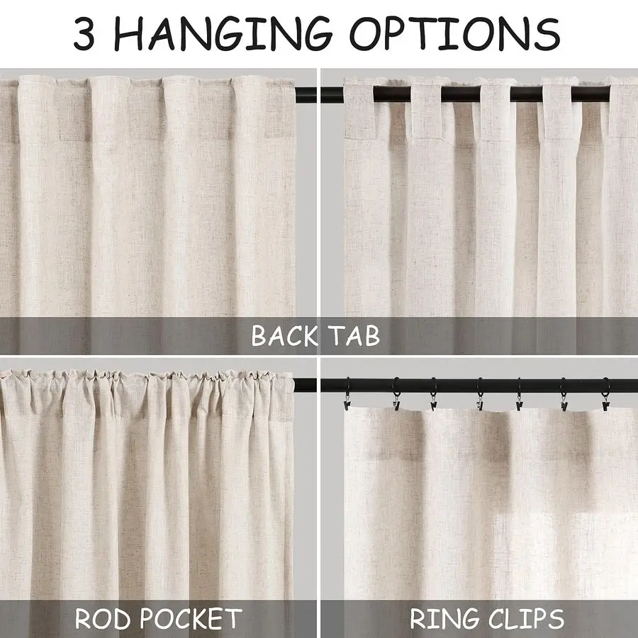 Beige Linen Curtains 50 x 90 inches Long Living Room Back Tab Rod Pocket Semi Sheer Curtain Boho Modern Privacy Light Filtering