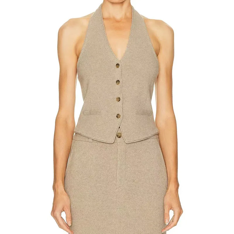 Chaleco halter de punto de un solo pecho con cuello en V de estilo retro con un sentido del diseño de nicho, sin mangas y versátil, chaleco corto en capas
