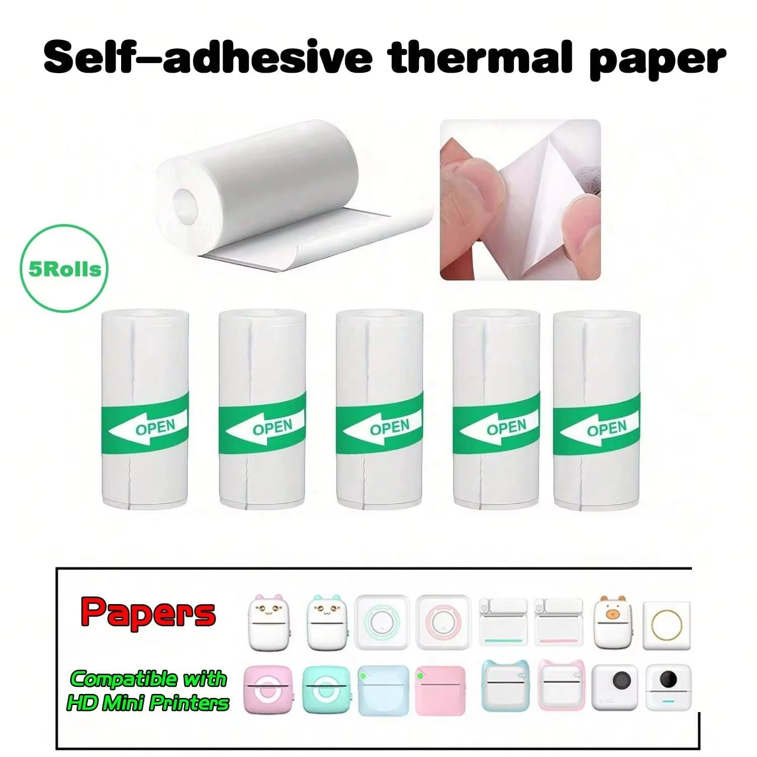 Mini Pocket Printer 5 Rolls Of Self-Adhesive Paper Portable Thermal Printer For Printer Suitable For Home Office Study And Work