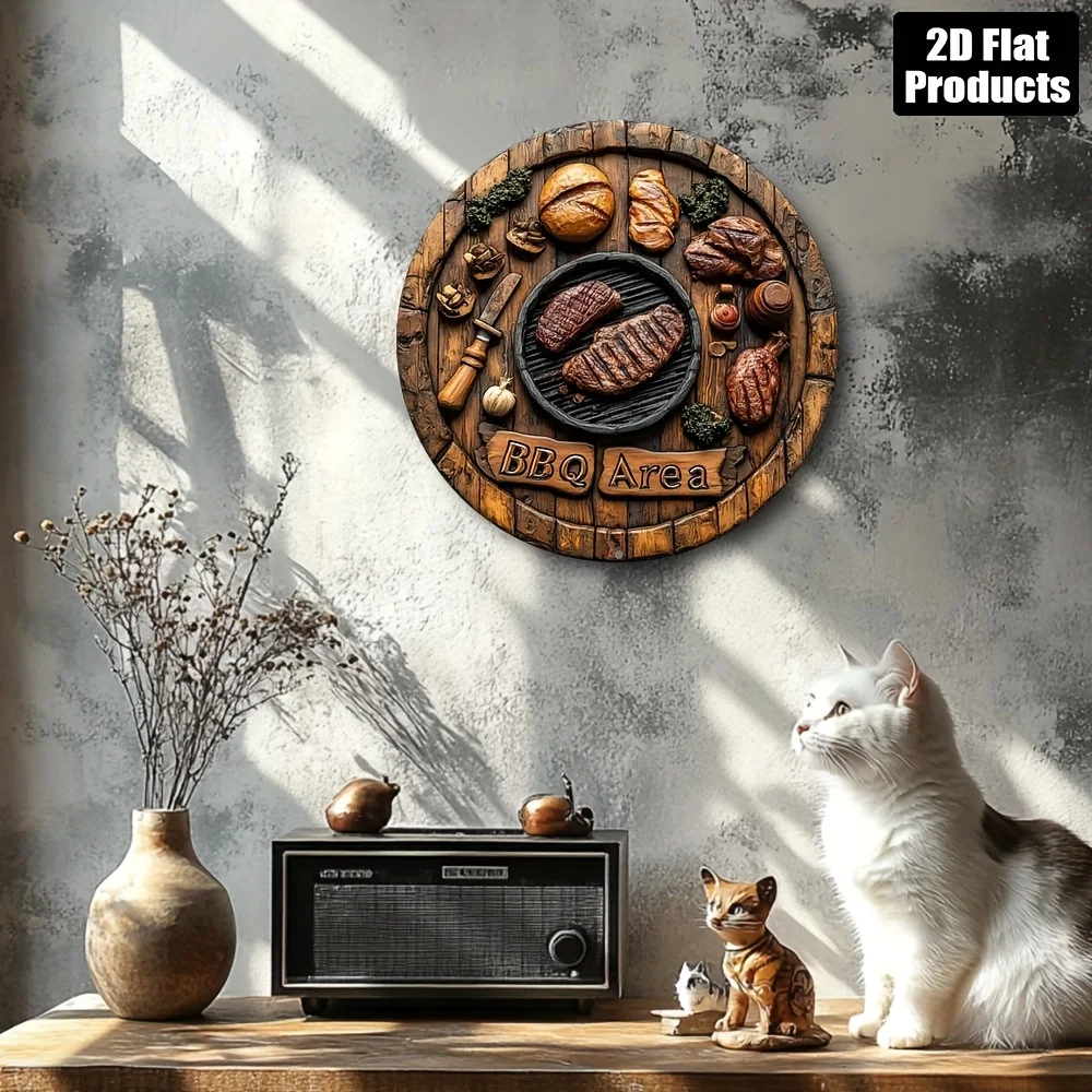 2D Flat, 1pc Vintage BBQ Sign Metal Wall Decor Plaque - 8x8 Inch Round Aluminum Sign with Grilled Meats & Wooden Plank Design, P - view 5