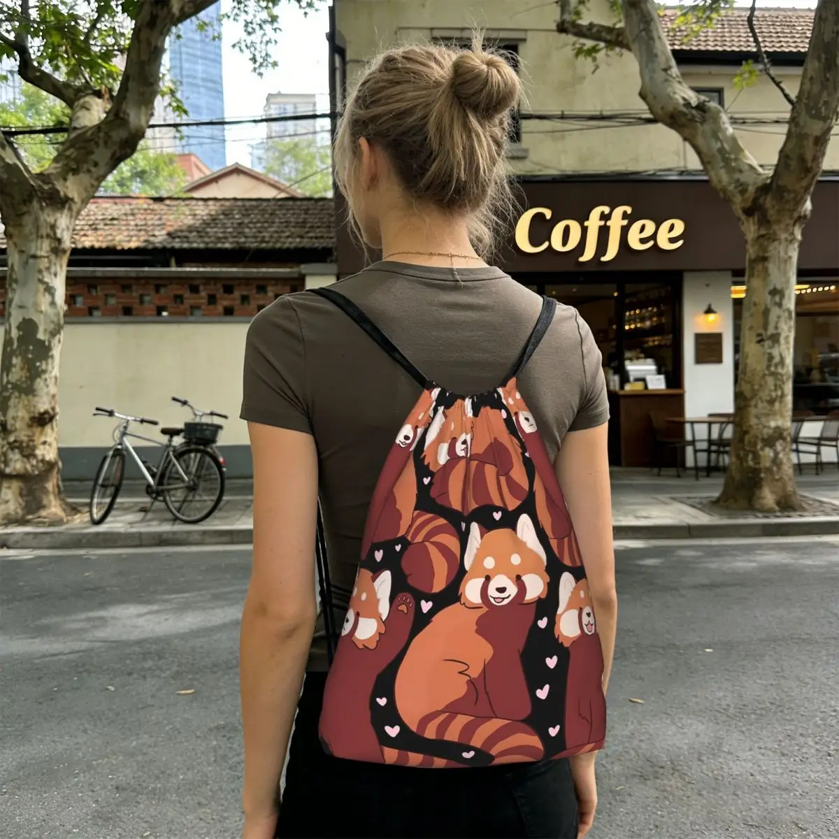 Cute Cartoon Panda Red Raccoon Pattern Backpacks Casual Drawstring Bags Sports Bag Book Bags for Travel Students