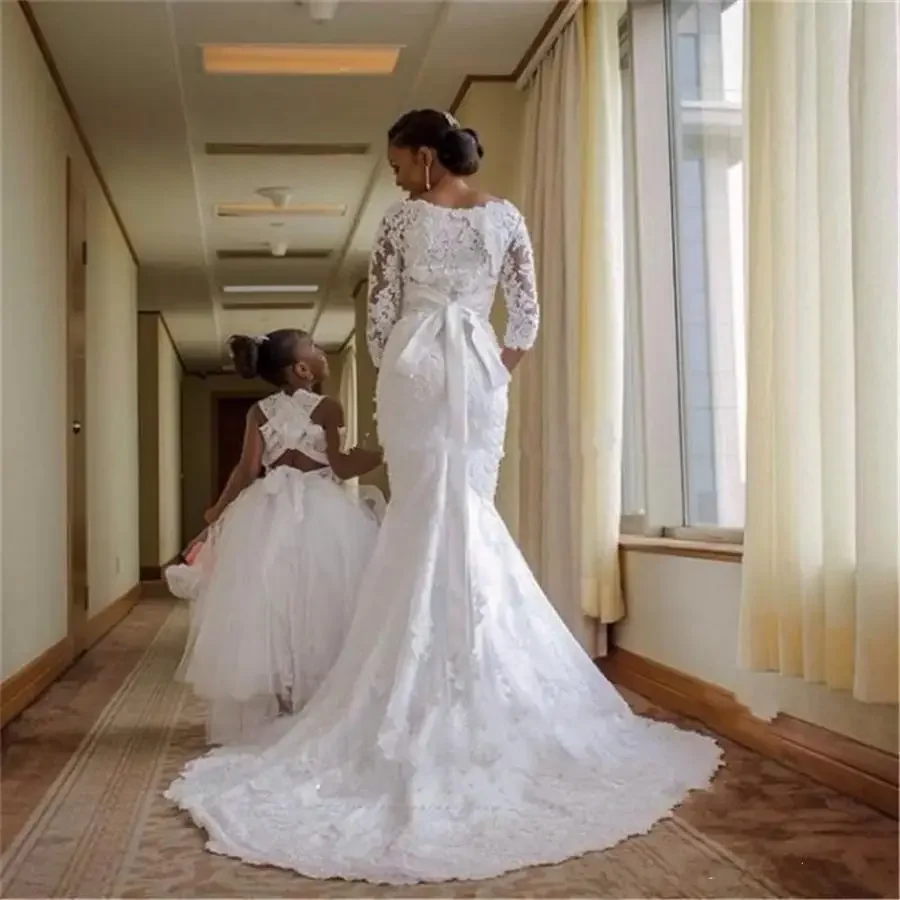 Customized New Fashion Nigerian 3/4 Long Sleeve Applique Lace Mermaid Wedding Crystals Off The Shoulder Bridal Dress image 2